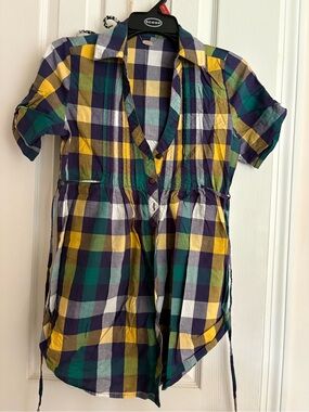Plaid Short-Sleeve Button Tunic - Yellow, Green, Navy, White